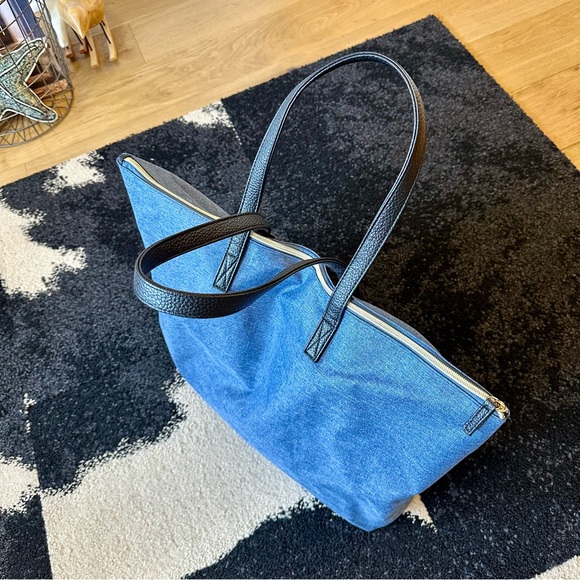 BOUTIQUE Denim Blue Tote Bag with Black Faux Leather & Gold Open Top Zip Accents - Picture 2 of 8